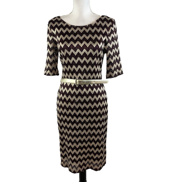Connect Apparel Dress size 8 Wine Gold Lace Chevron Straight Stretch Knee Belted - Picture 1 of 8